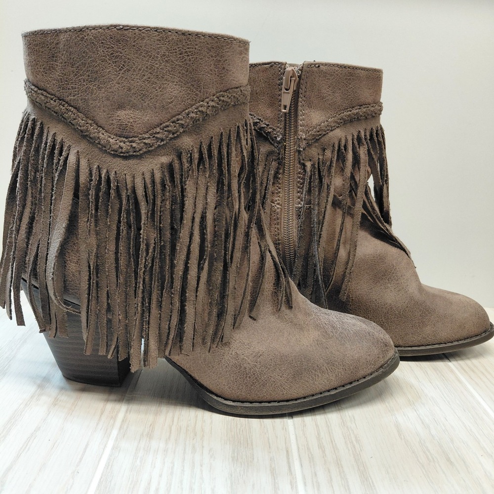 POP Salem Fringed Ankle Side Zip Western Cowgirl Women's Size 8 M BROWN Boots